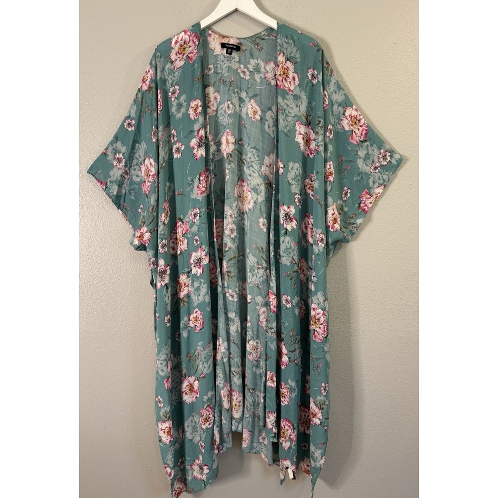 Torrid 3/4 Blue Green Floral Rayon Kimono Duster Boho Open Front Plus Size